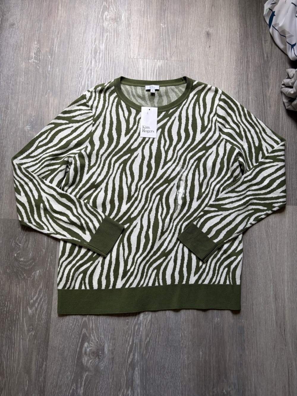 Kim Rogers Olive & Cream Zebra Print Crewneck Sweater, 100% Cotton, NWT